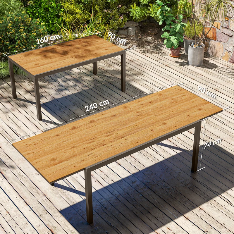 Outsunny Mesa de Jardín Extensible Mesa de Comedor Exterior Ajustable 160-240 cm con Borde de Aluminio Carga 70 kg Mesa Rectangular para 6-8 Personas para Patio Terraza Marrón