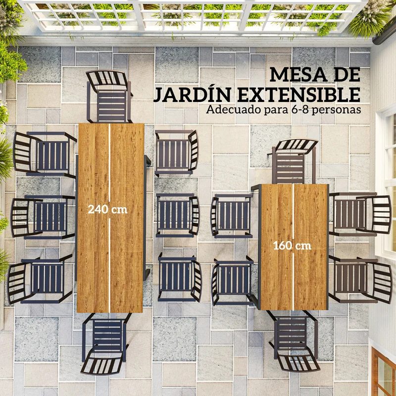 Outsunny Mesa de Jardín Extensible Mesa de Comedor Exterior Ajustable 160-240 cm con Borde de Aluminio Carga 70 kg Mesa Rectangular para 6-8 Personas para Patio Terraza Marrón