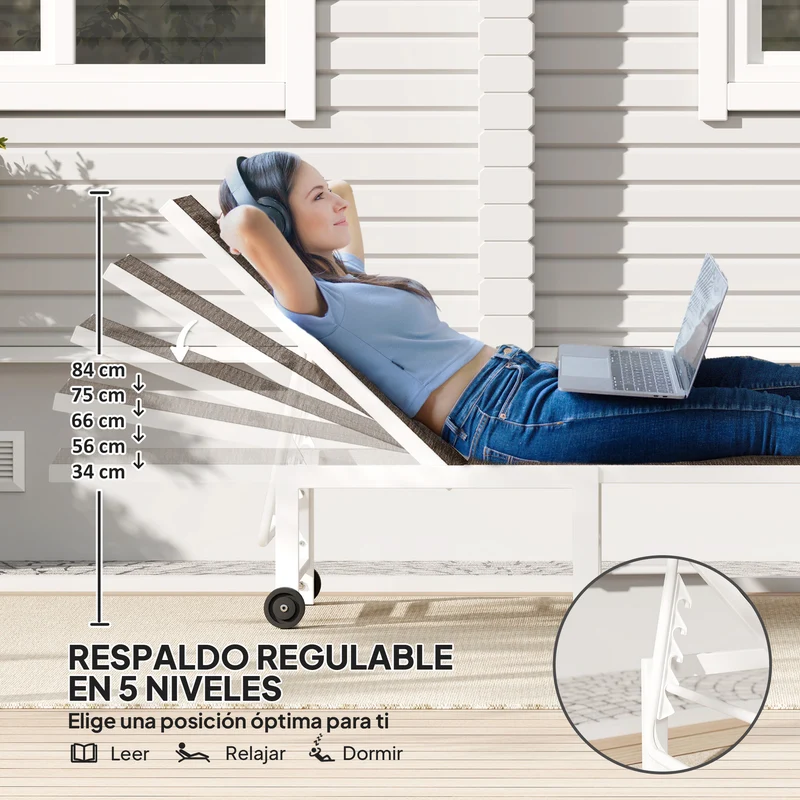 Outsunny Tumbona Reclinable Tumbona Jardín Exterior con Ruedas Respaldo Ajustable en 5 Niveles y Estructura de Acero Carga 120 kg para Patio Terraza Balcón 166x60x84 cm Marrón