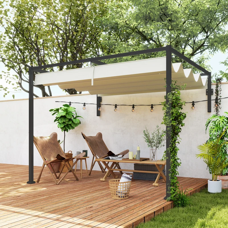 Outsunny Pérgola con Techo Retráctil Pérgola de Pared 3x2 m Cenador con Tela de Poliéster Resistente al Agua Pabellón para Jardín Patio Terraza Exterior Crema
