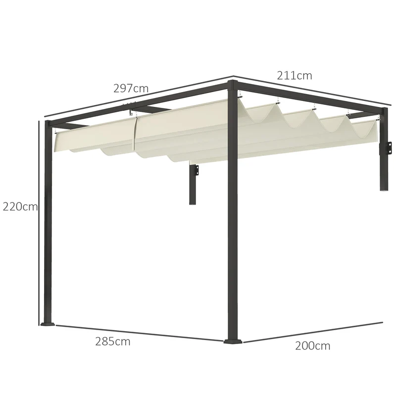 Outsunny Pérgola con Techo Retráctil Pérgola de Pared 3x2 m Cenador con Tela de Poliéster Resistente al Agua Pabellón para Jardín Patio Terraza Exterior Crema