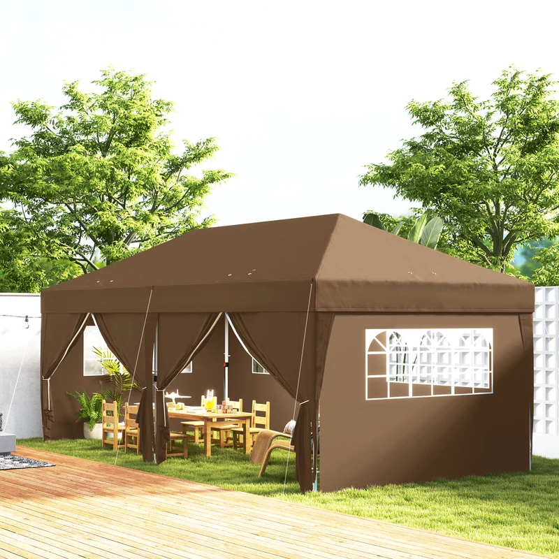 Outsunny Carpa Plegable Gazebo 6x3 m Cenador Plegable con 6 Paredes Laterales Impermeable Anti-UV y Bolsa de Transporte Pabellón de Jardín para Camping Fiestas Café