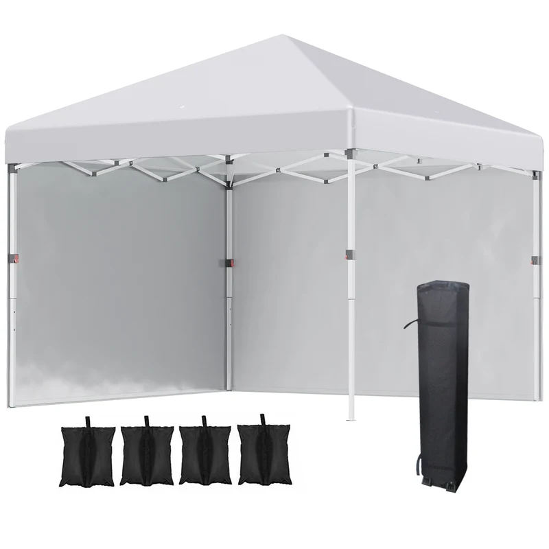 Outsunny Carpa Plegable Pop-up Gazebo 3x3 m Cenador Plegable con 2 Paredes Laterales Anti-UV Altura Ajustable en 3 Niveles Sacos de Arena y Bolsa de Transporte con Ruedas para Camping Fiestas Blanco