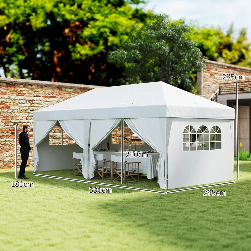 Outsunny Carpa Plegable Gazebo 6x3 m Cenador Plegable con 6 Paredes Laterales Impermeable Anti-UV y Bolsa de Transporte Pabellón de Jardín para Camping Fiestas Blanco