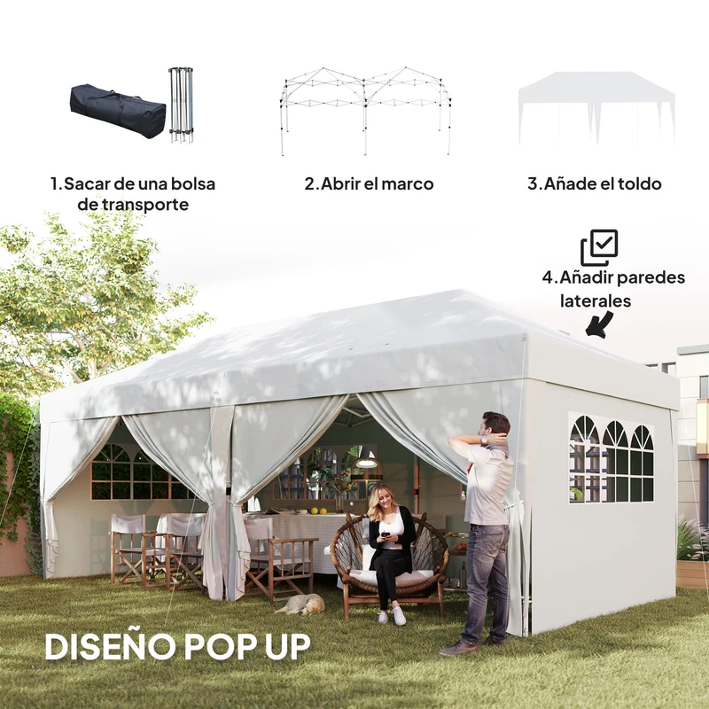 Outsunny Carpa Plegable Gazebo 6x3 m Cenador Plegable con 6 Paredes Laterales Impermeable Anti-UV y Bolsa de Transporte Pabellón de Jardín para Camping Fiestas Blanco