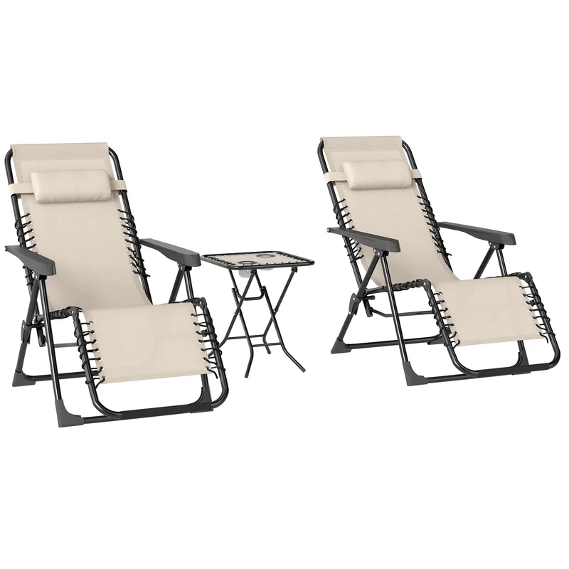 Outsunny Set de 2 Tumbonas Jardín Exterior Plegables con Mesa Auxiliar Portavasos Tumbonas de Gravedad Cero con Respaldo Ajustable Reposabrazos Extraíble para Patio Piscina Terraza Exterior Beige
