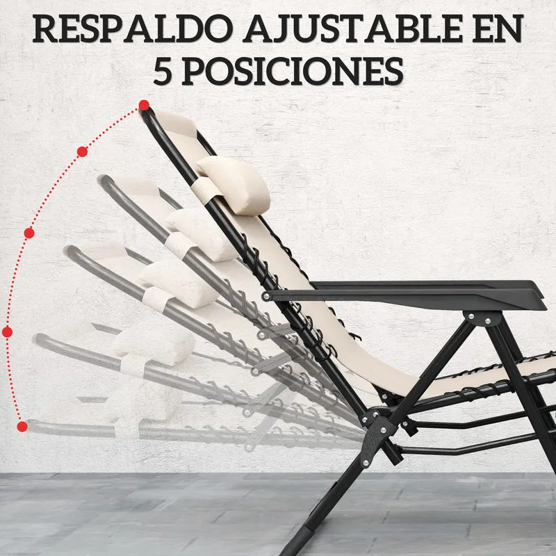 Outsunny Set de 2 Tumbonas Jardín Exterior Plegables con Mesa Auxiliar Portavasos Tumbonas de Gravedad Cero con Respaldo Ajustable Reposabrazos Extraíble para Patio Piscina Terraza Exterior Beige