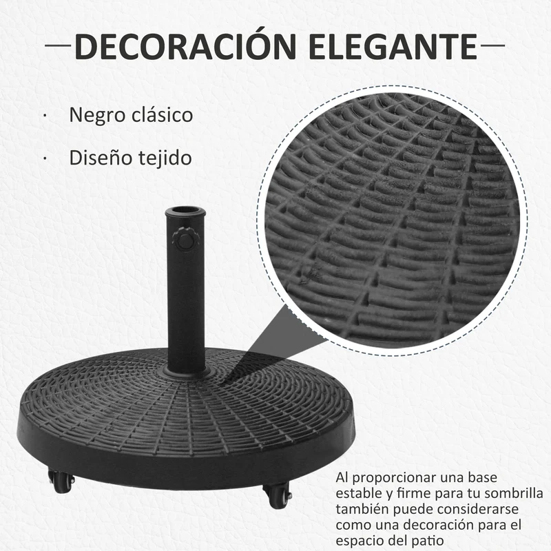 Outsunny Base para Sombrilla Redonda Ø52 cm 22,7 kg Soporte para Parasol de Resina con Ruedas Pie para Sombrilla con Postes Ø38 mm y Ø48 mm Diseño de Ratán para Jardín Patio Terraza Negro