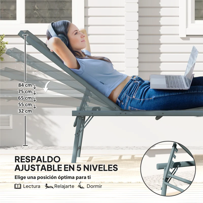 Outsunny Pack de 2 Tumbonas Jardín Exterior Tumbonas Plegables Reclinables en 5 Posiciones con Estructura Metálica y Asiento de Malla Transpirable para Playa Piscina 164x54x84 cm Gris Claro