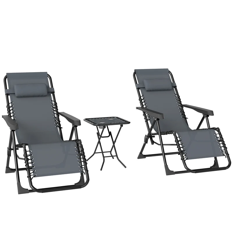 Outsunny Set de 2 Tumbonas Jardín Exterior Plegables con Mesa Auxiliar Portavasos Tumbonas de Gravedad Cero con Respaldo Ajustable Reposabrazos Extraíble para Patio Piscina Terraza Exterior Gris