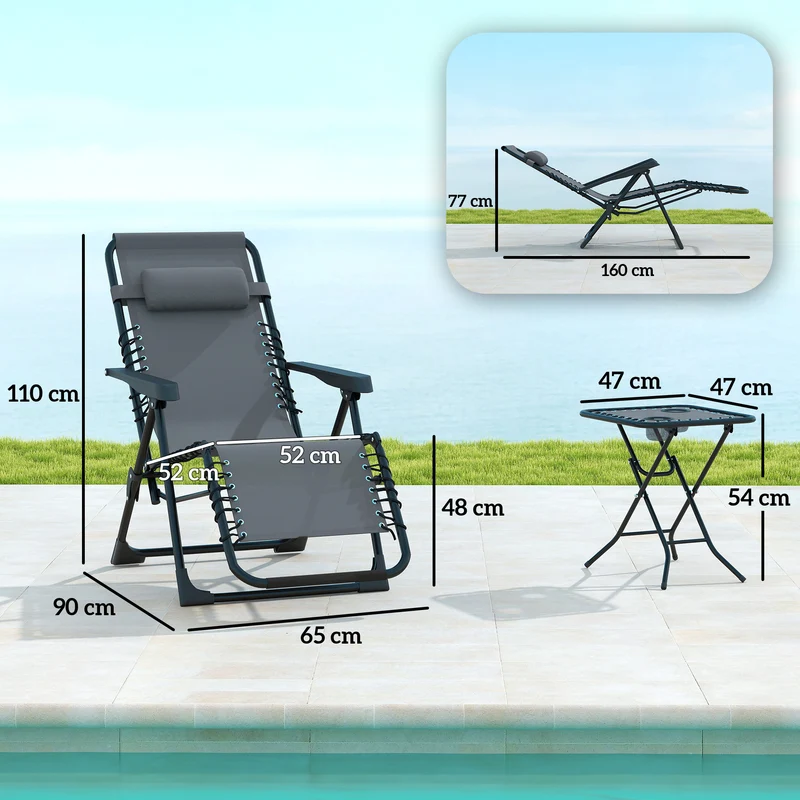 Outsunny Set de 2 Tumbonas Jardín Exterior Plegables con Mesa Auxiliar Portavasos Tumbonas de Gravedad Cero con Respaldo Ajustable Reposabrazos Extraíble para Patio Piscina Terraza Exterior Gris