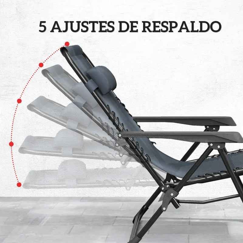 Outsunny Set de 2 Tumbonas Jardín Exterior Plegables con Mesa Auxiliar Portavasos Tumbonas de Gravedad Cero con Respaldo Ajustable Reposabrazos Extraíble para Patio Piscina Terraza Exterior Gris