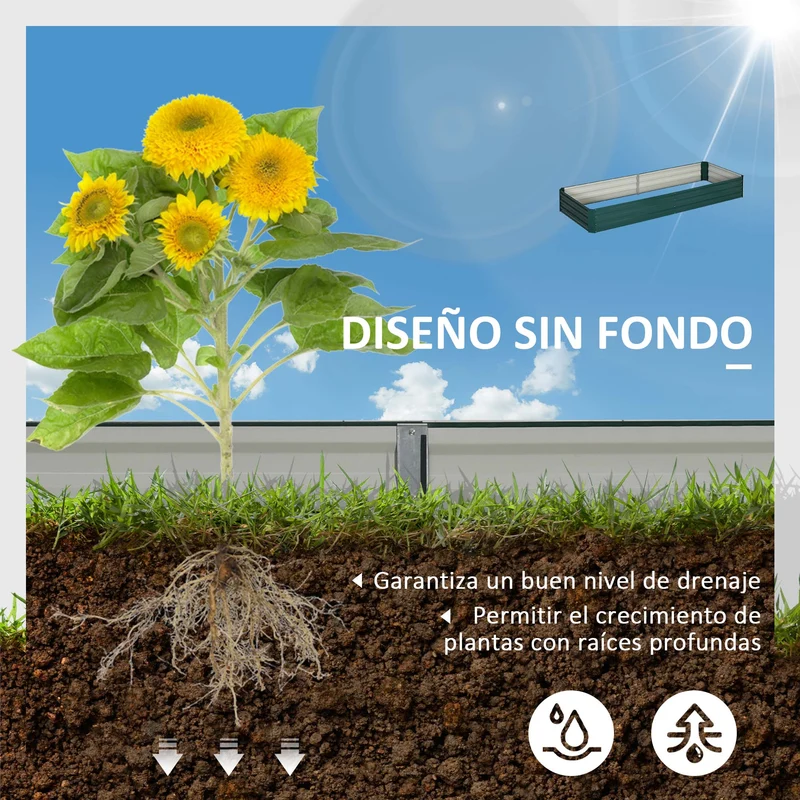 Outsunny Jardinera Elevada de Acero Galvanizado Huerto Urbano para Cultivar Plantas Flores Hierba Macetero Grande Exterior Rectangular con Fondo Abierto 241x90,5x30 cm Verde