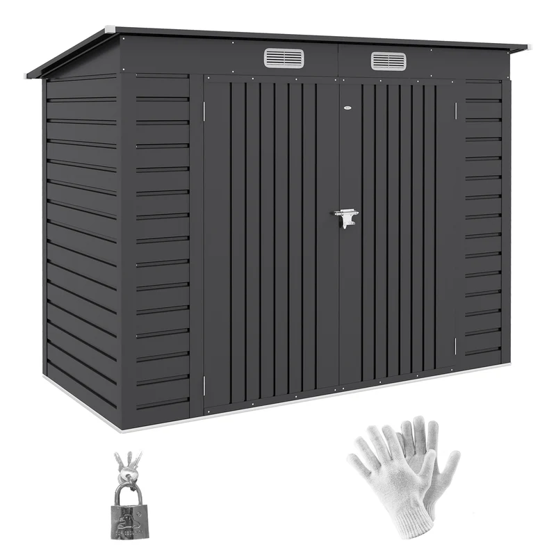 Outsunny Caseta de Jardín Exterior 2,7m² 249x121x183 cm Cobertizo de Jardín Exterior con Doble Puerta 2 Ventilaciones y Pestillo Cobertizo para Terraza Patio Fácil Montar Gris