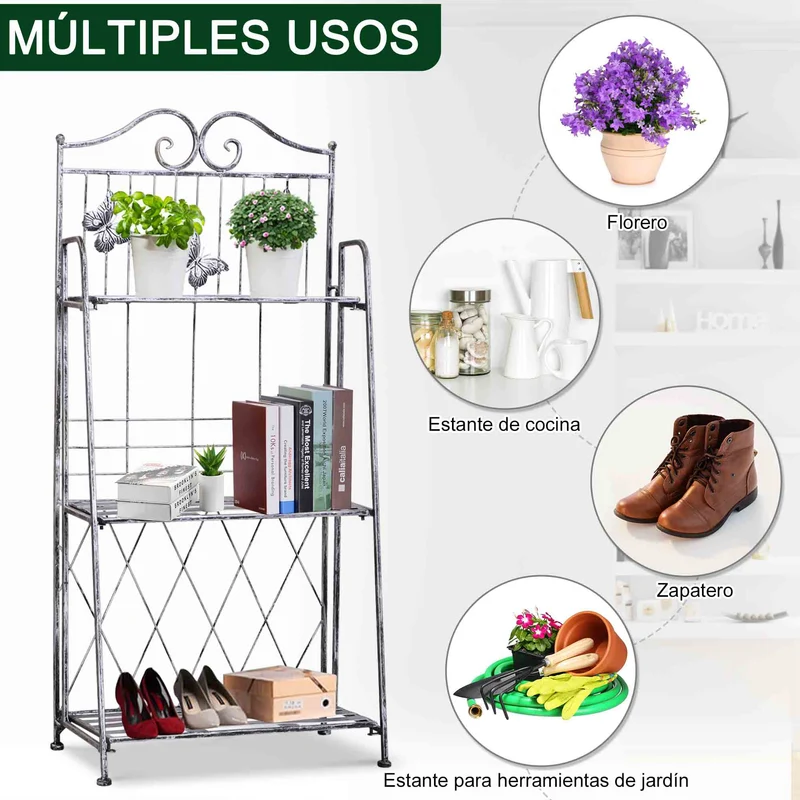Outsunny Estantería para Plantas Plegable Soporte para Plantas de 3 Niveles con Estructura de Metal Soporte para Macetas para Interior y Exterior Gris Plateado