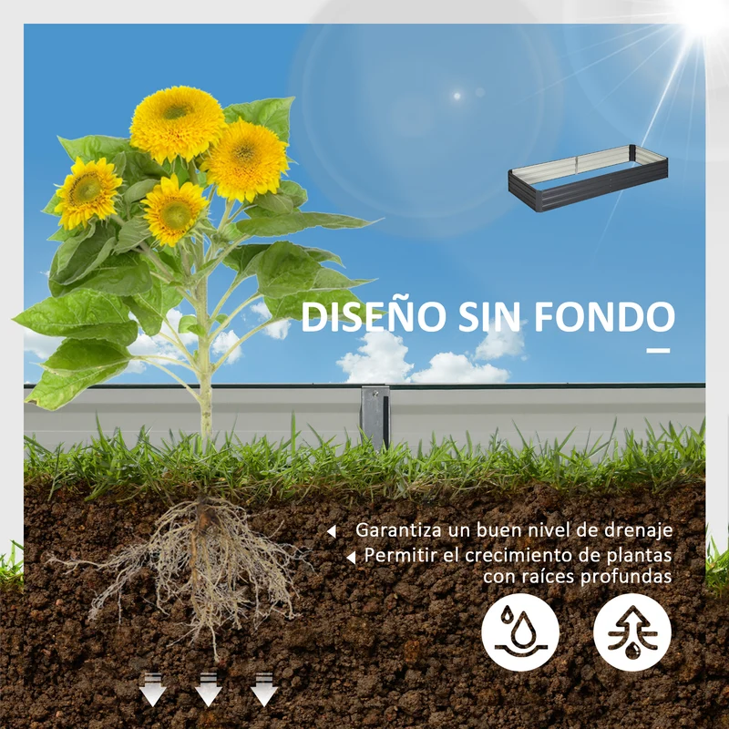 Outsunny Jardinera Elevada de Acero Galvanizado Huerto Urbano para Cultivar Plantas Flores Hierba Macetero Grande Exterior Rectangular con Fondo Abierto 241x90,5x30 cm Gris