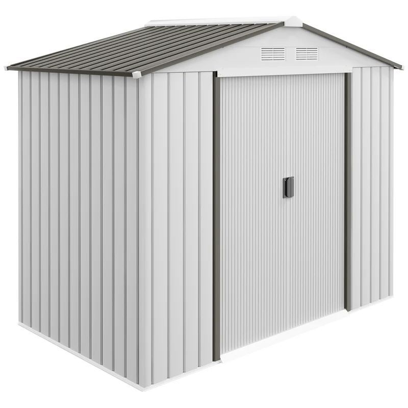 Outsunny Cobertizo de Jardín 2,5m² con Base de Refuerzo Sin Suelo 213x130x185 cm Caseta de Jardín Exterior con 2 Puertas Correderas y 4 Ventanas para Almacenamiento de Herramientas Blanco