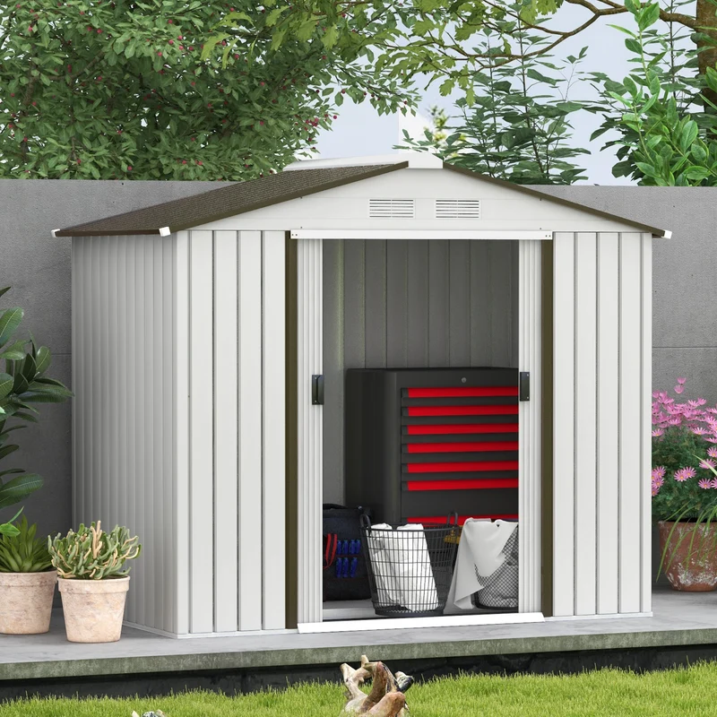 Outsunny Cobertizo de Jardín 2,5m² con Base de Refuerzo Sin Suelo 213x130x185 cm Caseta de Jardín Exterior con 2 Puertas Correderas y 4 Ventanas para Almacenamiento de Herramientas Blanco