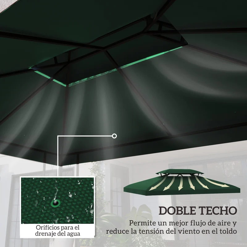Outsunny Techo de Repuesto para Cenador 4x3 m Cubierta de Repuesto con Techo Doble 10 Orificios de Drenaje y Protección UV Toldo de Recambio para Pabellón Gazebo Verde