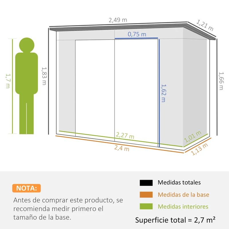 Outsunny Caseta de Jardín Exterior 2,7m² 249x121x183 cm Cobertizo de Jardín Exterior con Doble Puerta 2 Ventilaciones y Pestillo Cobertizo para Terraza Patio Fácil Montar Verde