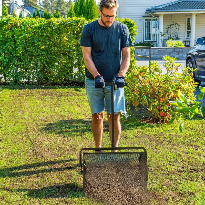 Outsunny Esparcidor de Compost 75L 70x40x112 cm Esparcidor de Abono para Césped con Asa Ajustable Cesto de Malla Metálica para Cuidado de Césped Jardín Negro