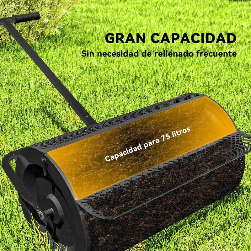 Outsunny Esparcidor de Compost 75L 70x40x112 cm Esparcidor de Abono para Césped con Asa Ajustable Cesto de Malla Metálica para Cuidado de Césped Jardín Negro