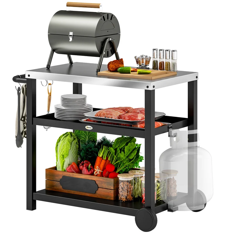 Outsunny Carrito de Parrilla de 3 Niveles Carrito de Barbacoa Carro de Servicio con 2 Ruedas Estantes Encimera de Acero Inoxidable y Asa Mesa de Horno de Pizza para Jardín Patio Gris Carbón