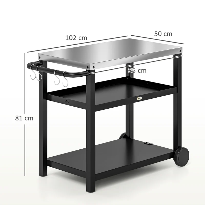 Outsunny Carrito de Parrilla de 3 Niveles Carrito de Barbacoa Carro de Servicio con 2 Ruedas Estantes Encimera de Acero Inoxidable y Asa Mesa de Horno de Pizza para Jardín Patio Gris Carbón