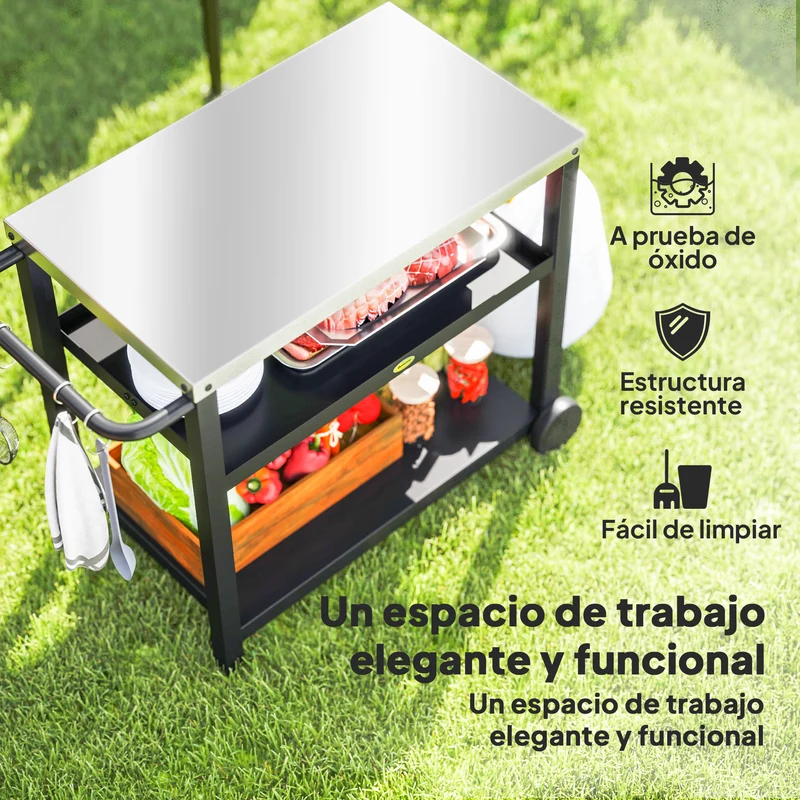 Outsunny Carrito de Parrilla de 3 Niveles Carrito de Barbacoa Carro de Servicio con 2 Ruedas Estantes Encimera de Acero Inoxidable y Asa Mesa de Horno de Pizza para Jardín Patio Gris Carbón
