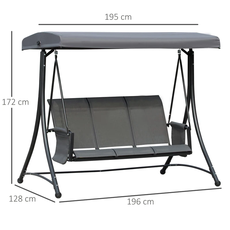 Outsunny Columpio de Jardín de 3 Plazas Balancín de Jardín Exterior con Toldo Ajustable Bolsillos Laterales y Marco Metálico Carga 300 kg 196x128x172 cm Gris Oscuro