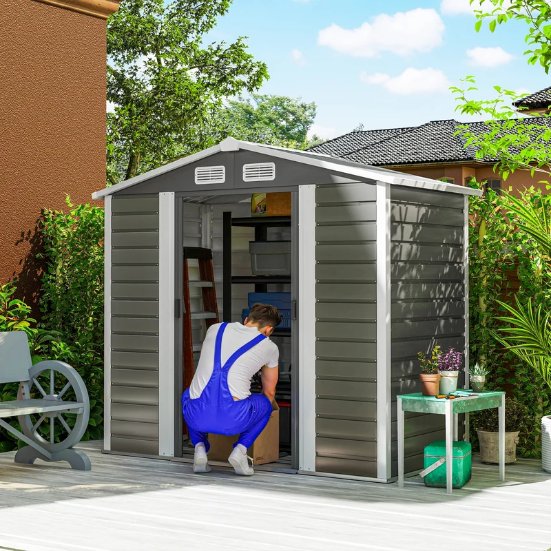 Outsunny Caseta de Jardín Exterior 2,36m² 213x120x194 cm Cobertizo de Jardín Exterior con Base Refuerzo (Suelo NO Incluido) Puertas Correderas Dobles Candado Ventanas Gris Oscuro