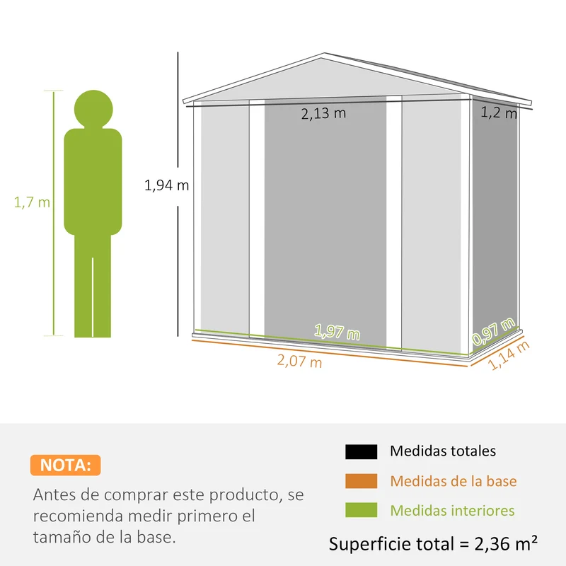 Outsunny Caseta de Jardín Exterior 2,36m² 213x120x194 cm Cobertizo de Jardín Exterior con Base Refuerzo (Suelo NO Incluido) Puertas Correderas Dobles Candado Ventanas Gris Oscuro