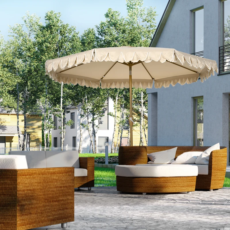 Outsunny Sombrilla de Terraza Ø264x240 cm Parasol de Jardín con Ángulo Ajustable Manivela y Volantes Impermeable para Playa Patio Balcón Caqui