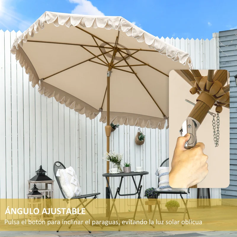 Outsunny Sombrilla de Terraza Ø264x240 cm Parasol de Jardín con Ángulo Ajustable Manivela y Volantes Impermeable para Playa Patio Balcón Caqui