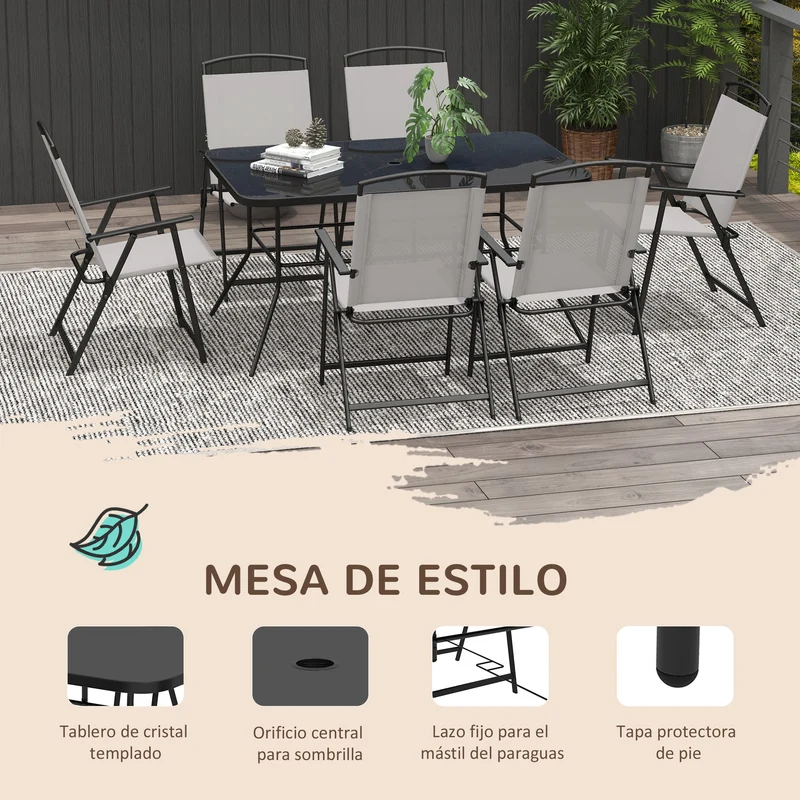Outsunny Conjunto de Muebles de Jardín de 7 Piezas Conjunto de Comedor de Exterior con 6 Sillas Plegables y Mesa de con Orificio para Sombrilla para Terraza Exterior Gris