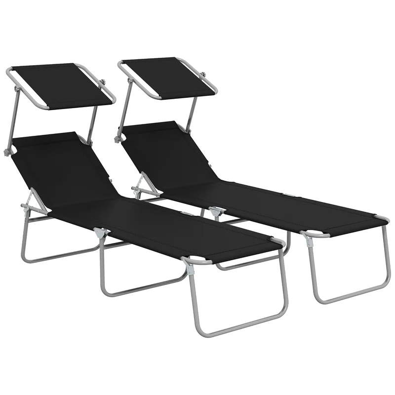 Outsunny Conjunto de 2 Tumbonas Plegables Tumbonas de Jardín con Toldo Desmontable y Ajustable Respaldo Regulable en 4 Niveles Carga 120 kg para Playa Terraza 187x58x36 cm Negro