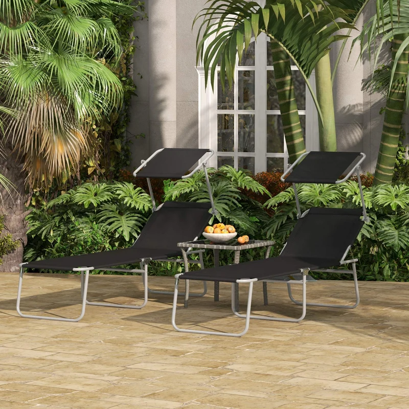 Outsunny Conjunto de 2 Tumbonas Plegables Tumbonas de Jardín con Toldo Desmontable y Ajustable Respaldo Regulable en 4 Niveles Carga 120 kg para Playa Terraza 187x58x36 cm Negro