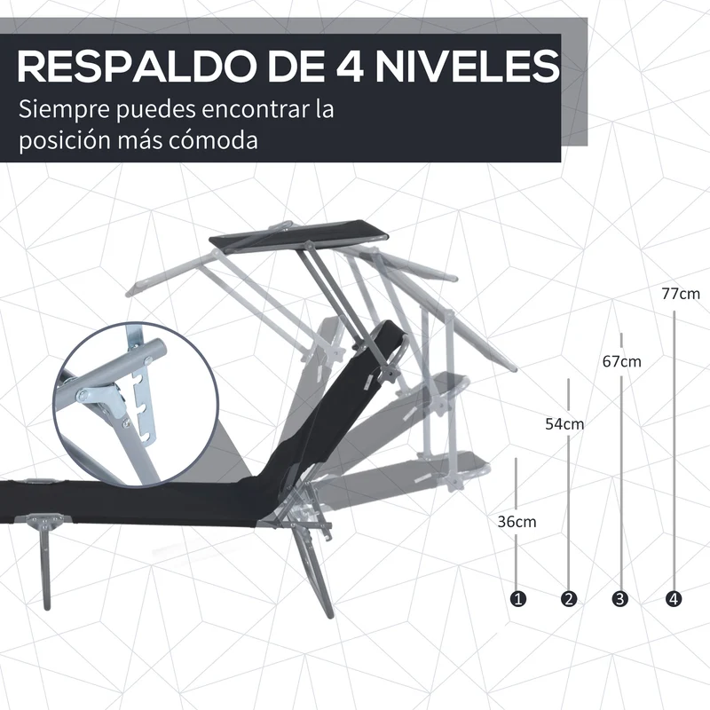 Outsunny Conjunto de 2 Tumbonas Plegables Tumbonas de Jardín con Toldo Desmontable y Ajustable Respaldo Regulable en 4 Niveles Carga 120 kg para Playa Terraza 187x58x36 cm Negro