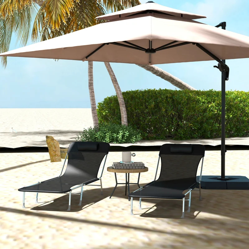 Outsunny Conjunto de 2 Tumbonas Plegables y Reclinables de Jardín con Reposacabezas y Respaldo Ajustable en 5 Niveles Carga 120 kg para Playa Terraza 182x56x24,5 cm Negro