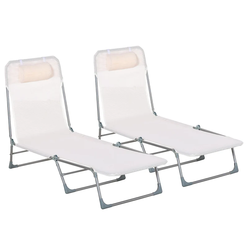 Outsunny Conjunto de 2 Tumbonas Plegables y Reclinables de Jardín con Reposacabezas y Respaldo Ajustable en 5 Niveles Carga 120 kg para Playa Terraza 182x56x24,5 cm Crema