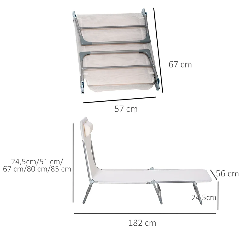 Outsunny Conjunto de 2 Tumbonas Plegables y Reclinables de Jardín con Reposacabezas y Respaldo Ajustable en 5 Niveles Carga 120 kg para Playa Terraza 182x56x24,5 cm Crema