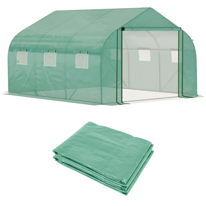 Outsunny Conjunto de Invernadero de Túnel y Cubierta de Repuesto con Puerta y 6 Ventanas Enrollables Anti-UV para Cultivos Plantas Flores 350x300x200 cm Verde