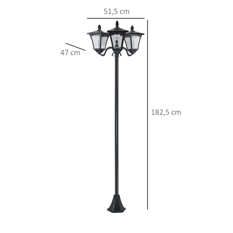 Outsunny Conjunto de 2 Farolas Solares de Exterior Luces Solares de Pie con 3 Luces LED Impermeable IP44 para Camino Terraza Patio 51,5x47x182,5 cm Negro