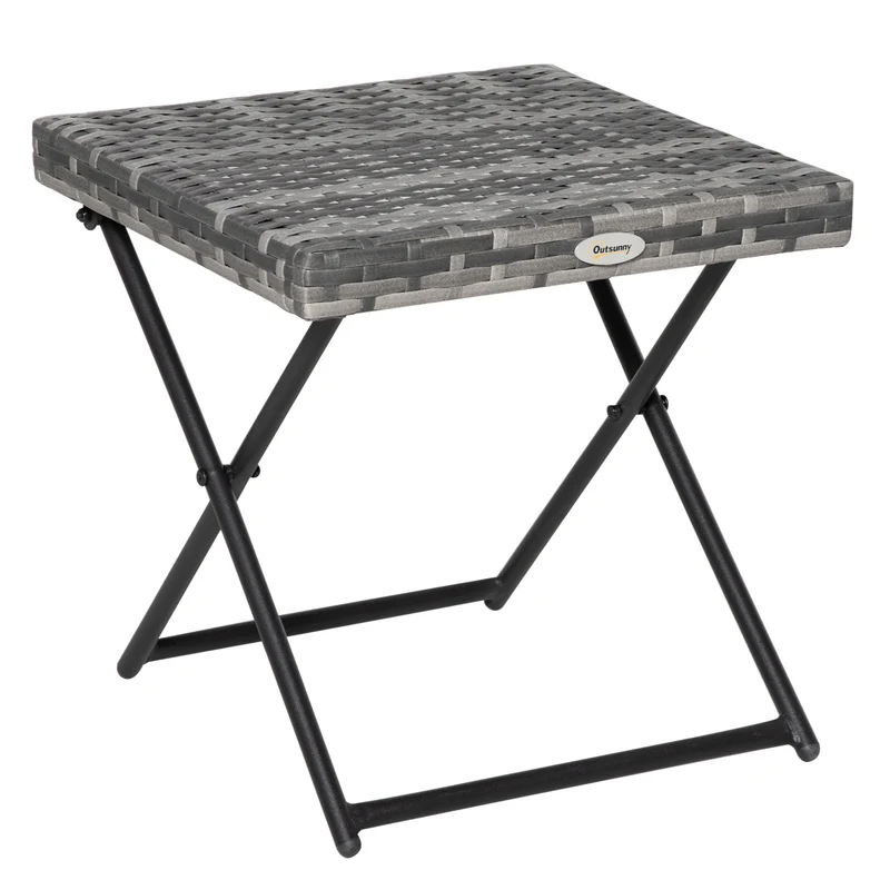 Outsunny Mesa de Jardín de Ratán Sintético 0,16 ㎡ Mesa de Terraza Exterior Plegable con Patas Cruzadas y Marco de Acero para Patio Balcón Gris