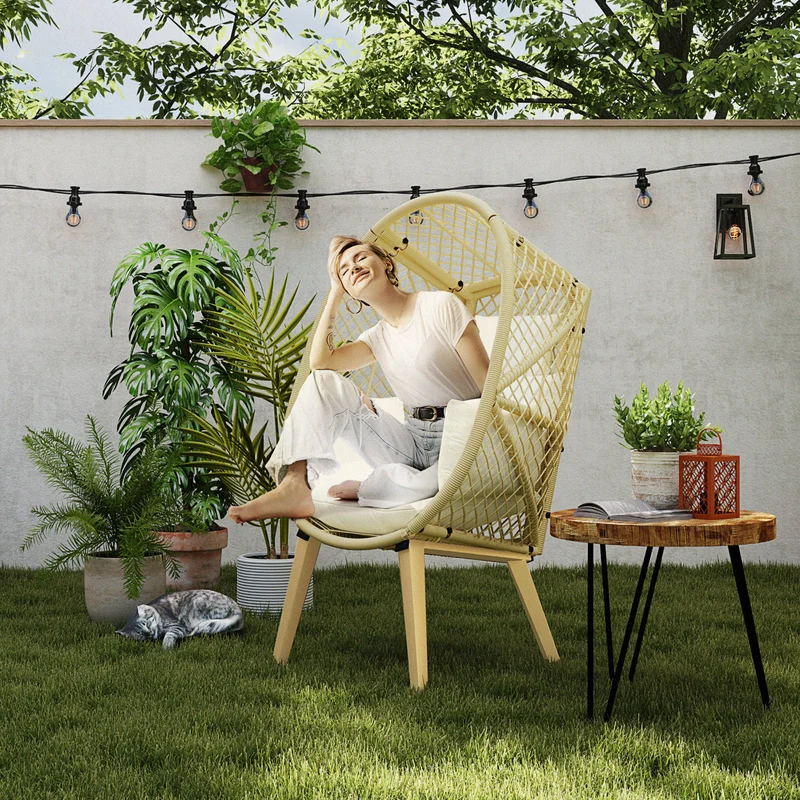 Outsunny Sillón de Ratán Sintético Silla de Terraza en Forma de Huevo con Reposacabezas Acolchado y Cojín Carga 160 kg para Jardín Balcón 88x85x143 cm Natural y Crema