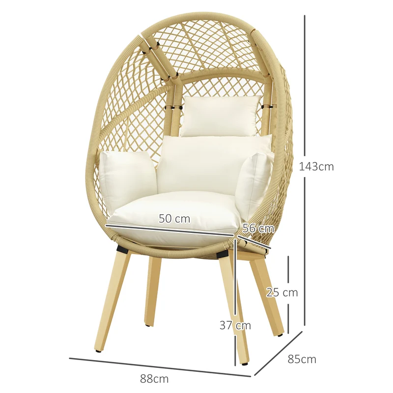 Outsunny Sillón de Ratán Sintético Silla de Terraza en Forma de Huevo con Reposacabezas Acolchado y Cojín Carga 160 kg para Jardín Balcón 88x85x143 cm Natural y Crema
