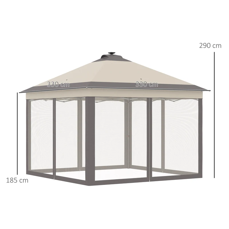 Outsunny Carpa Plegable con Luces LED 3,3x3,3 m Cenador de Jardín con Control Remoto 4 Paredes Laterales de Malla Altura Ajustable y Bolsa de Transporte para Patio Fiestas Beige