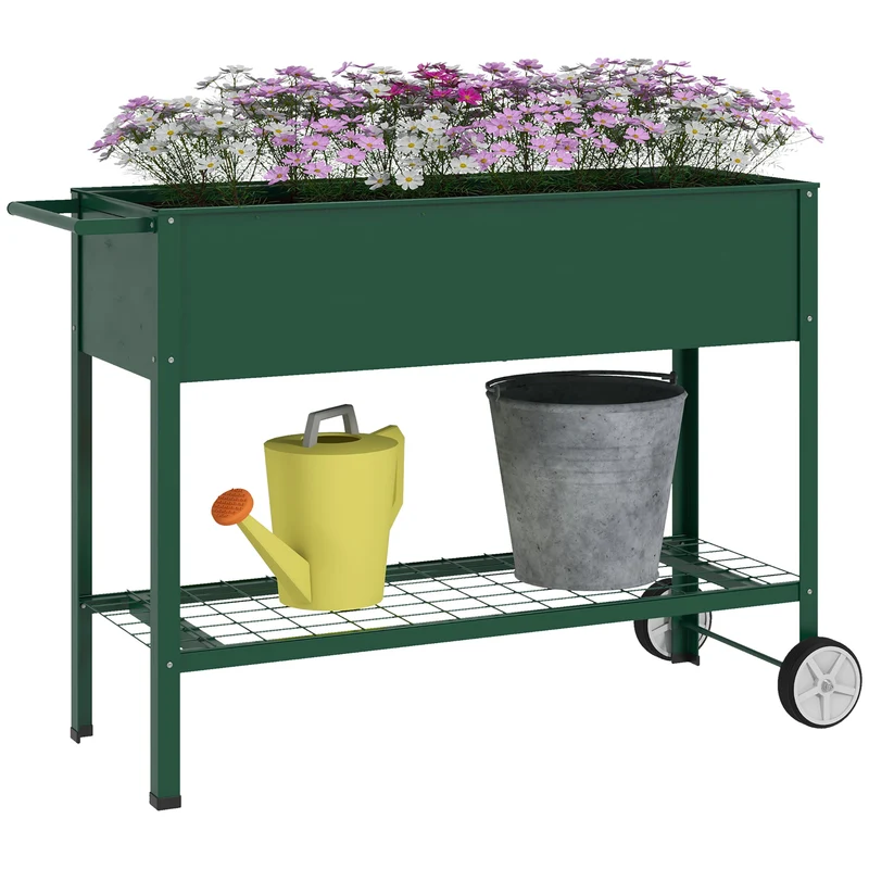 Outsunny Mesa de Cultivo 109x44x80 cm Huerto Urbano Elevado con 2 Ruedas Estante y Asa para Cultivo Plantas Flores Verduras Verde
