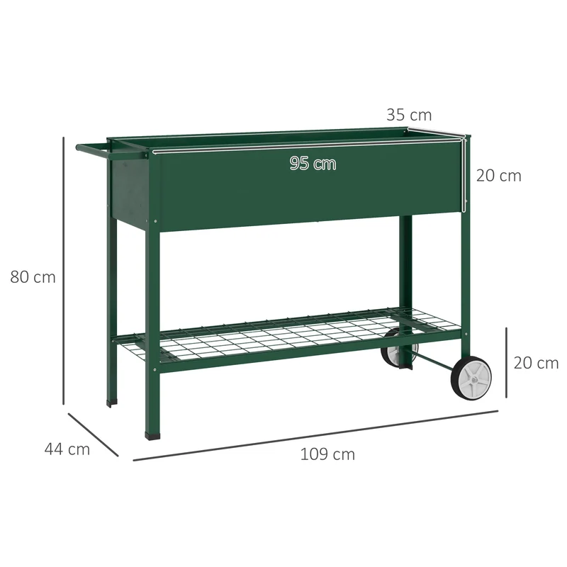 Outsunny Mesa de Cultivo 109x44x80 cm Huerto Urbano Elevado con 2 Ruedas Estante y Asa para Cultivo Plantas Flores Verduras Verde