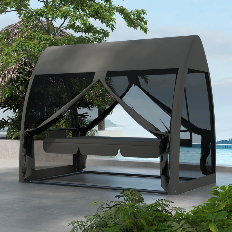 Outsunny Balancín de Jardín de 3 Plazas Convertible en Cama Columpio Jardín Exterior con Mosquitera Estructura de Metal Carga 300 kg 240x140x197 cm Gris
